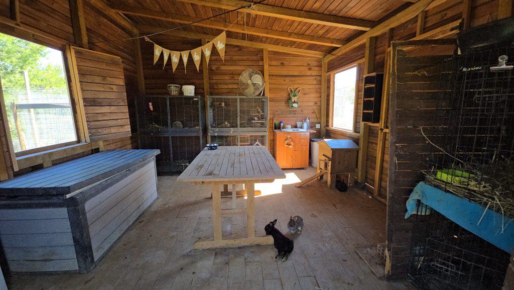 Interior de la cabaña de madera de los conejos y las cobayas