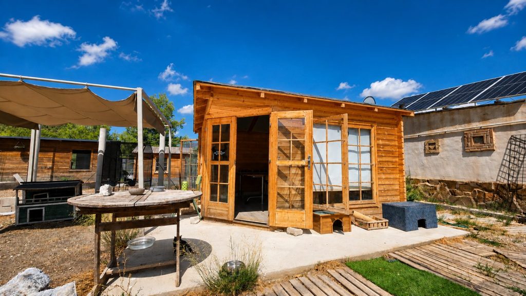 Exterior del espacio especial: la cabaña de madera con el toldo de sombra y el patio