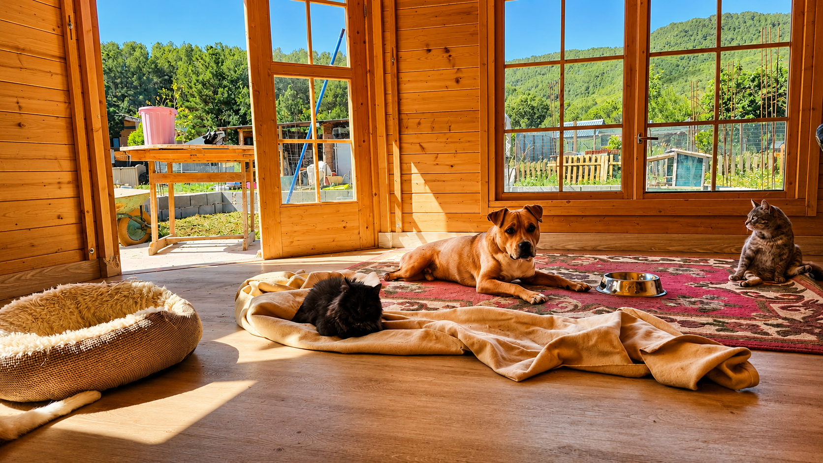 Interior de la cabaña del espacio especial, con los ventanales abiertos al campo, un perro y dos gatos descansando