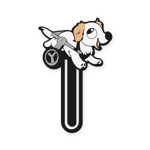 Clip marcapáginas de Martín, perrito blanco con orejas canela en su silla de ruedas