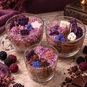 Velas de la colección Postre de Moras: dos tazas y una copa con crema de cera lila y chocolate