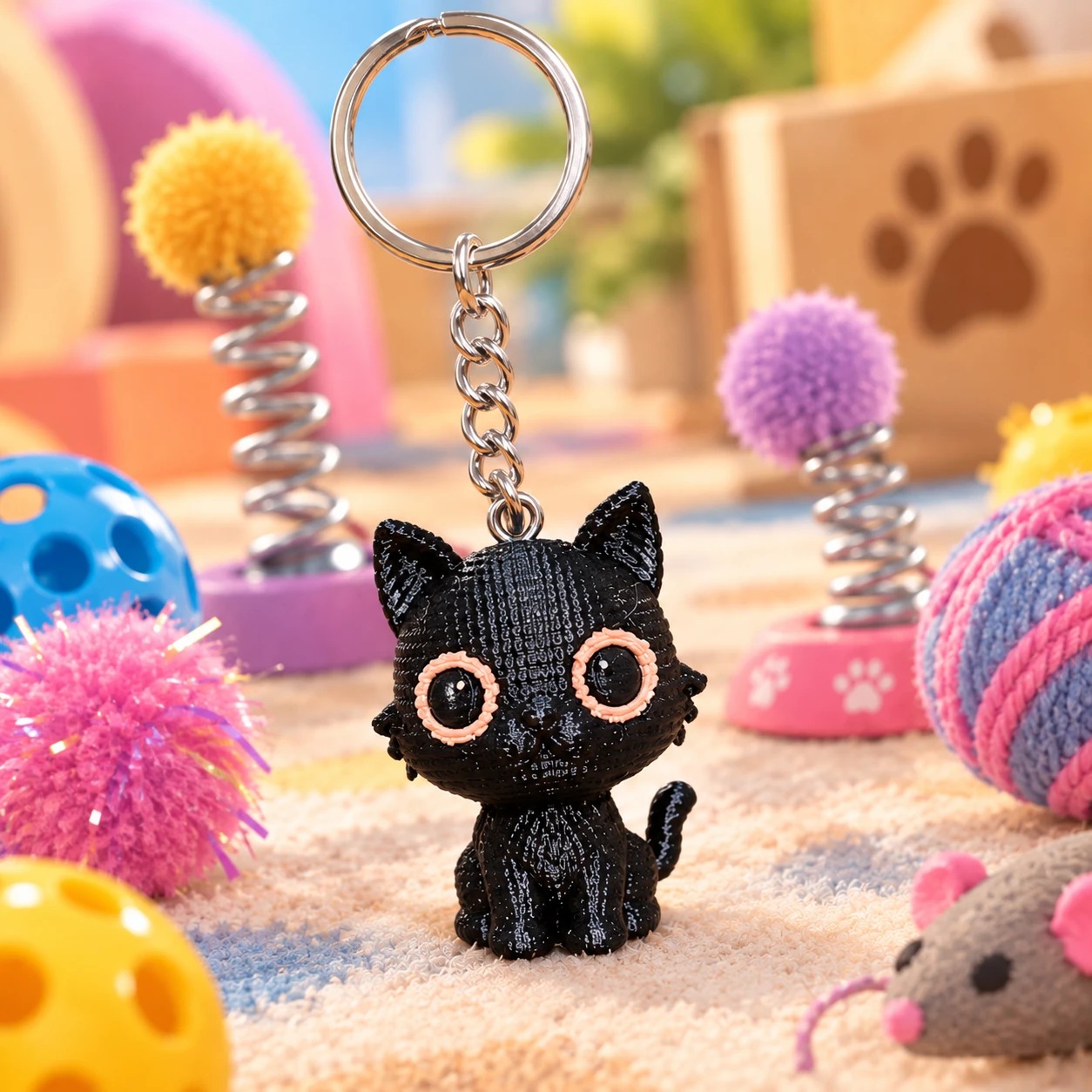 Llavero 3D de Desdentao, gato negro estilo crochet, entre juguetes