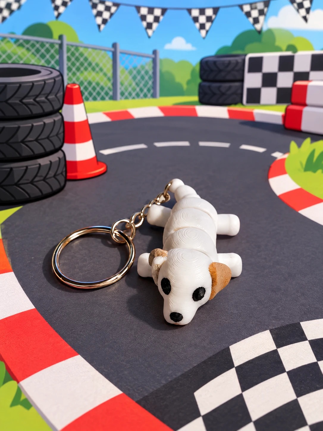 Llavero articulado de Martín, perro blanco, en un circuito de carreras