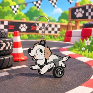 Llavero plano de Martín, perro con su silla de ruedas, en un circuito de carreras