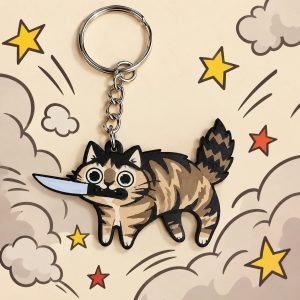 Llavero plano de Sun, gata atigrada con un cuchillo en la boca