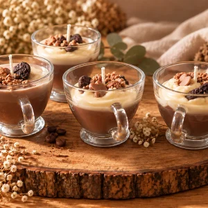 Velas en taza de café de cristal con crema y chocolate