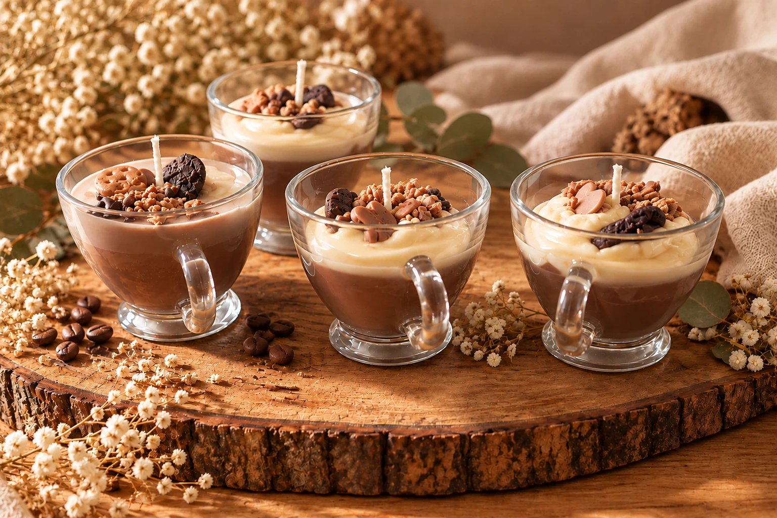Velas en taza de café de cristal con crema y chocolate